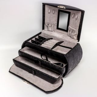 Open black jewelry box with grey lining: ring rolls, small compartments, two pouches inside the lid and pull-out drawers